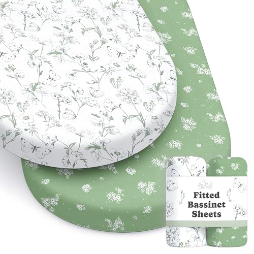 Image of Baby Bassinet Sheets Girl (Butterfly Garden) 2-Pack - Fitted Bedside Bassinet Sheets - Buttery Soft Cotton Blend for Standard Mattress Pad - Compatible with Halo BassiNest
