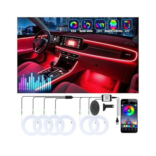 6 in 1 Car Led Strip Lights with App Control, RGB Colors Interior Car Lights, Ambient Led Lighting Kit, 4 Light Flashing Modes, USB Neon Accessories for Doors, Center Console