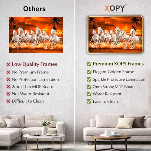Image of XOPY Seven Running Horses with Golden Frame | Vastu 7 horses Raw Pyrite Painting for Home, Office & Living Room Wall Decore | 12X18 Inch Sparkle Laminated Frame | Best For Gifting (53317, 12X18)