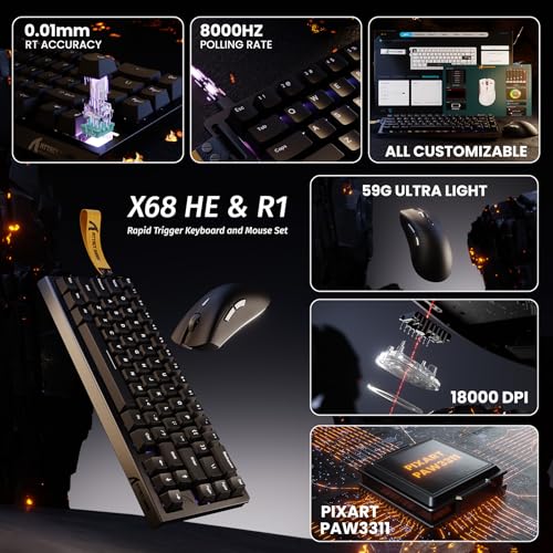 Image of ATTACK SHARK X68 HE Wired Rapid Trigger Mechanical Gaming Keyboard and R1 Mouse Combo with Adjustable Actuation,Coiled Cable,USB C /2.4Ghz Wireless /BT Ultralight 18K DPI Mice for Esport Gamer(Black)
