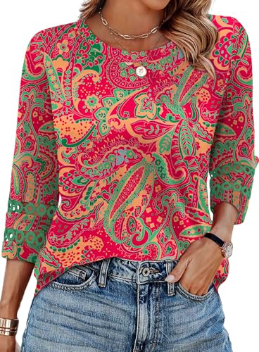 Women Fall Clothes Tunic Tops for Womens 3/4 Sleeve Crewneck Tshirts Work Blouses Business Casual Outfits Red Boho S