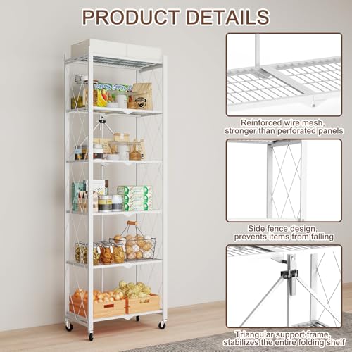 Image of black leopard 6-Tier Foldable Metal Storage Shelf with Wheels, White