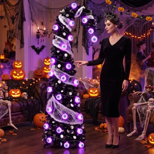 DTNESS 5FT Pop Up Halloween Tree with 35 Purple Eyeball Lights & Spider Web - image 7