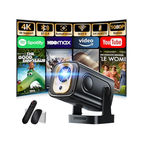 Proiettore 1080P FHD[2026 Upgraded] Mini Proiettore Portatile 4K con Bluetooth 5.4 WiFi 6 Projector TV Auto Keystone Videoproiettore con HDMI/Phone/USB/TV Stick/Laptopcon Cavo HDMI & Mouse,Nero