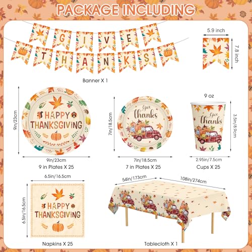 102 Pcs Thanksgiving Party Supplies Sets - Includes Happy Thanksgiving Dinner Paper Plates Napkins, Give Thanks Banner Dessert Plates Cups Tablecloth for Fall Thanks Giving Party Decorations, Serve 25 - image 3