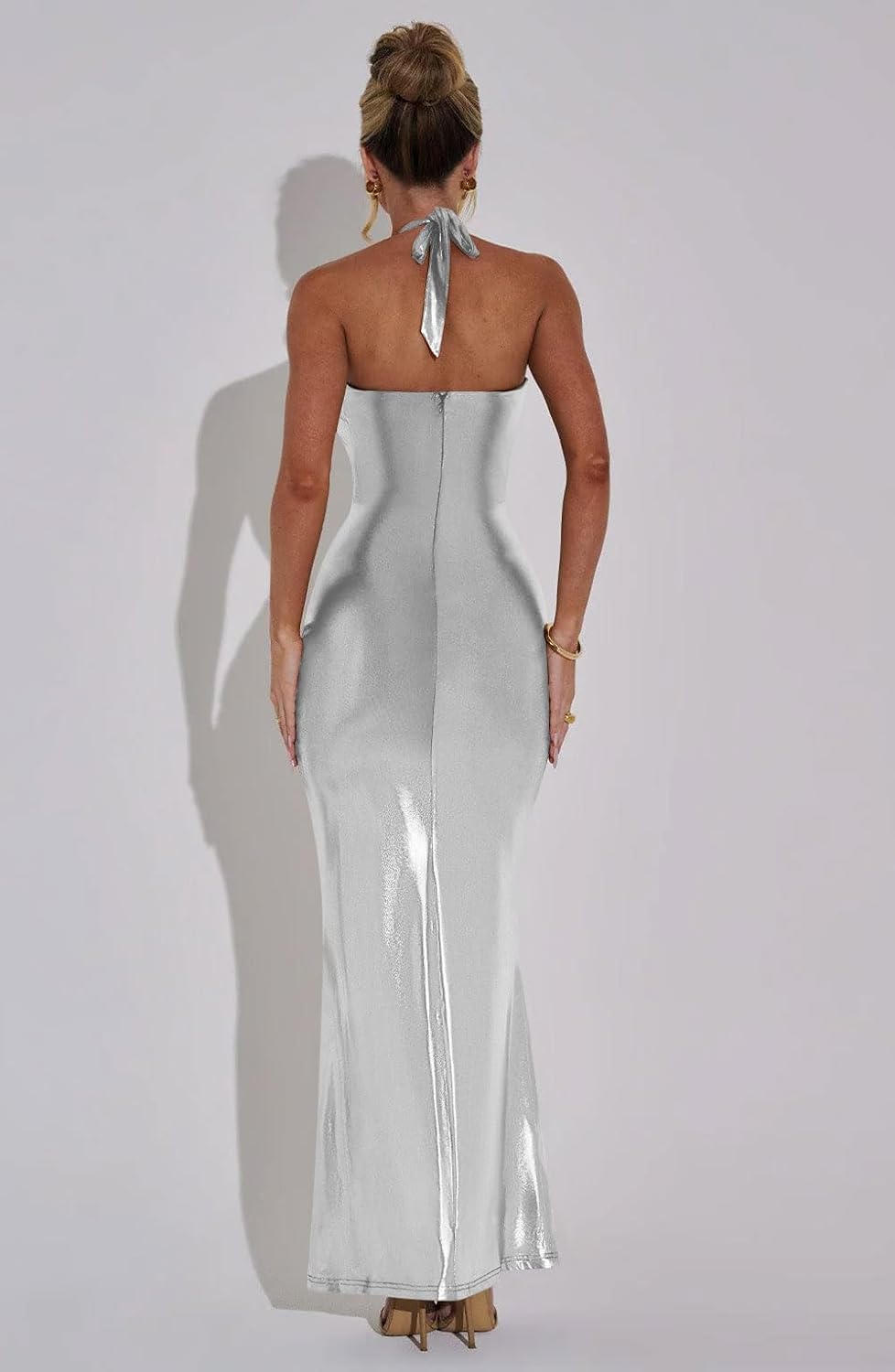 Memoriesea Women's Luxury Metallic Halter Neck Bodycon Party Evening Gown Maxi Dress - Image 5