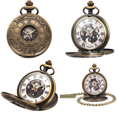 Image of ManChDa Mechanical Roman Numerals Dial Skeleton Pocket Watches with Box and Chains for Mens Women