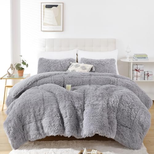 Smoofy Fluffy King Size Comforter Set, Faux Fur Comforter Set, Luxury Fuzzy King Bedding Set, Soft Shaggy Bed Set for All Season, 3 Pieces - 1 Comforter & 2 Pillowcases, Grey