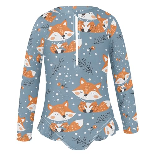 Cute Fox and Snow Girls Long Sleeve Swimsuit Rash Guard One Piece Bathing Suits Zipper 3-12T2