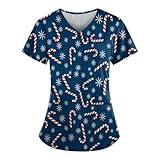 Christmas Scrub Tops Women Funny Christmas Tree Snowflakes Printed V Neck Short Sleeve Shirts Stretch Anti Wrinkle Nursing Uniform Quick Dry Working Medical Scrubs Set with Pockets