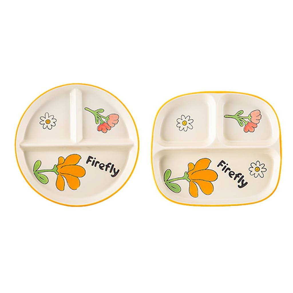 TAUODUYY 3 compartments Dinner Plate, 211 Fat Loss Special Round Divided Plate, Household Ceramic Small Fresh Flower Pattern Plate, one Person Food Breakfast Plate (Color : A(2PCS))
