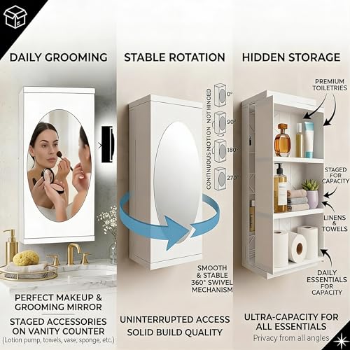 Image of 360 Revolving Bathroom Mirror Cabinet - Wall Mounted Storage Organizer with Hidden Shelves, White, 42x22x15 cm - Ideal for Small Bathrooms, Grooming, Makeup & Shaving (No-Drill Install)