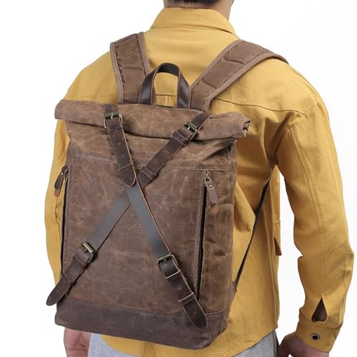 Waxed Canvas Roll-top Backpack for Men,X-Shaped Belt Vintage Rucksack, Large Daypack Casual Hiking Travel Backpack (Black)3