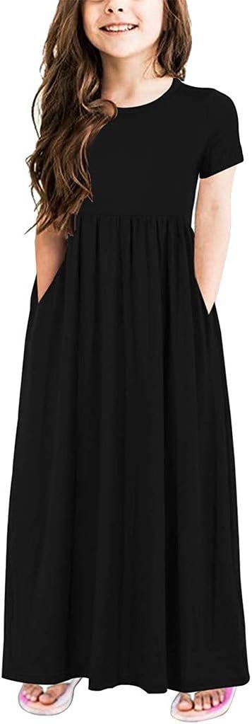 Girls Short Sleeve Floral Print Dresses Loose Casual Summer Holiday Long Maxi Dress with Pockets 2-12 Years