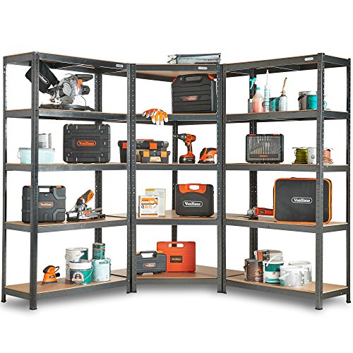 VonHaus 5-Tier Garage Shelving for Corner Storage - Lightweight Workshop Shelving, Pack of Three - Free Standing Garage Racking Units, 1.8m Tall - 175KG Weight Capacity Per Shelf