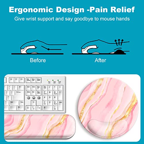 Mouse Pad Wrist Support Keyboard Wrist Rest With Coaster Set, Ergonomic Large Mouse Pad 9.45 Inch, Mouse Pads For Desk, Cute Mousepad For Computer Gaming Home Office Decor-Pink Marble #TOP5