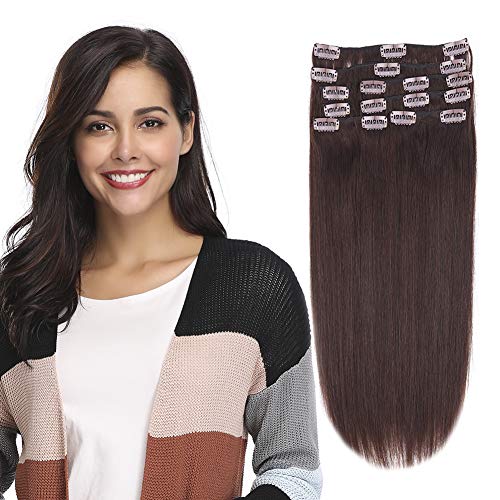 10-24inch Clip in Remy Human Hair Extensions Grade 7A Thick to End Full Head Natural Hair Long Straight 8 Pieces 18clips 100g 18"-20''#2 Dark Brown
