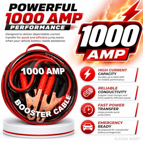 Image of Heavy Duty Car Battery Booster Cable | Copper Jumper Cables with Alligator Clamps | Emergency Jump Start for Cars, SUVs & Trucks (1000 AMP)