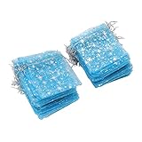 OVAQUIXI Bolsas de de Malla Transparente con Patrón de Estrellas, Paquete de 50 Bolsas de Organza con Cordón, 4,5x3,3 Pulgadas, para Almacenamiento de Dulces, Joyería para Fiesta de Boda (azul claro)