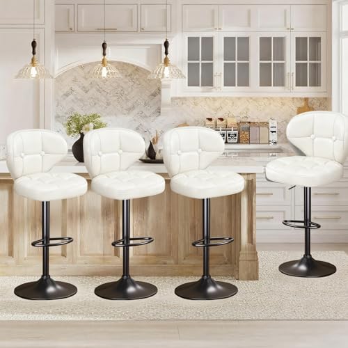 Image of Bar Stools Set of 4,Adjustable Swivel Barstools, Modern PU Leather Upholstered Bar Chair with Back and Footrest,for Bar, Kitchen, Dining Room White