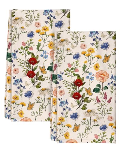Miss Adola Flour Sack Kitchen Towels - Set of 2 Spring Dish Towels with Hanging Loop 18x26 Inch Absorbent Reusable Cotton Cloths for Cleaning Cute Design Home Decorative Housewarming, Vintage Flower