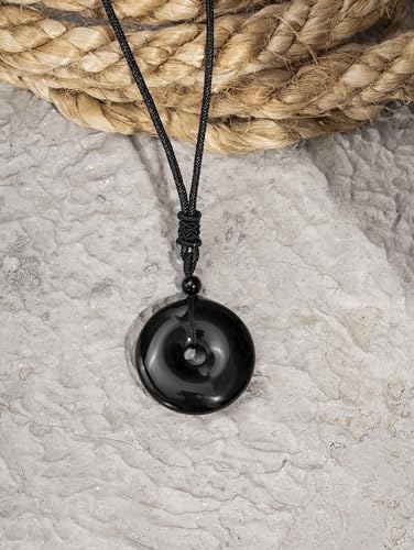 MINACHI Black Obsidian Geometric O Ring Circle Pendant Necklace with Braided Cord, Protective Amulet Jewelry Gift for Men and Women2