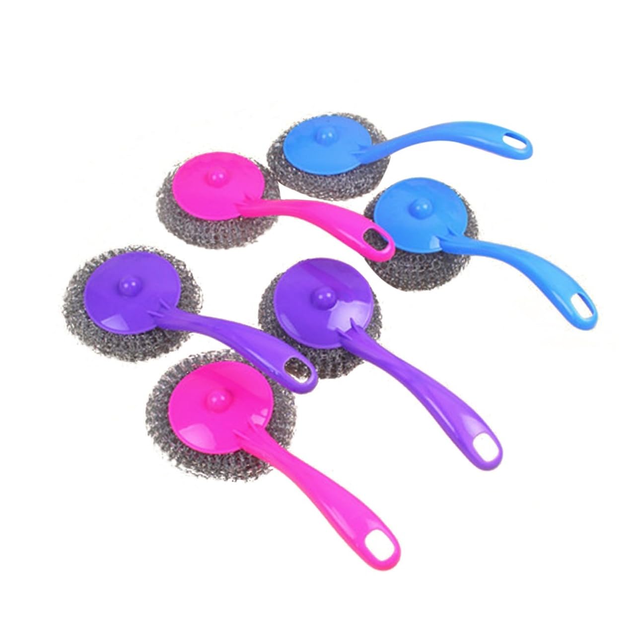 SOESFOUFU 12pcs Steel Scrubbers Brush with Long Handle Metal Scouring Pads for Kitchen Oven BBQ Pan Bottle Easy to Clean Random Color