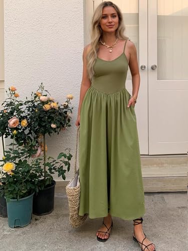 Image of Mieazom Women's Sleeveless V-Neck Maxi Dress with Pockets - Slim Fit Casual Summer Spaghetti Strap Dress for Vacation