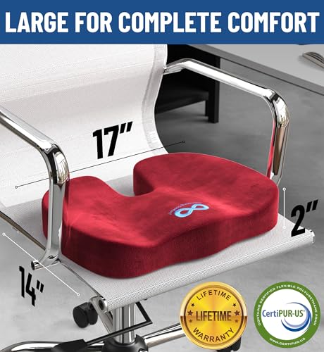 Image of Everlasting Comfort Doctor Recommended Memory Foam Seat Cushion for Office Chairs & Car - Ergonomic Office Desk Accessories - Cushions for Tailbone Pain Relief, Sciatica (Red, Large)