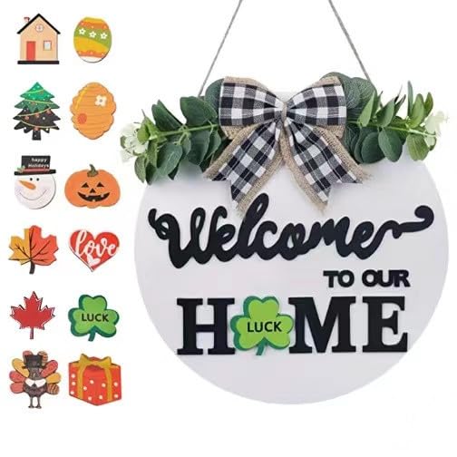 Seasonal Interchangeable Welcome Sign for Front Door Decor Welcome to Our Home Sign with Holiday Pieces for Farmhouse Front Porch Decor and Housewarming Gift(White)