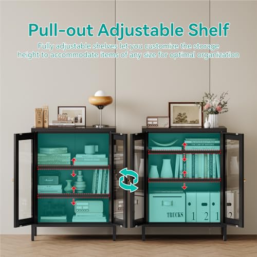 Image of Small Metal Cabinet with Glass Doors,Display Storage Cabinet with 2 Adjustable Shelves for Bathroom Entryway Living Room Dining Room Kitchen,3-Tier,11.8 inch D x 23.6 inch W x 31.5 inch H, Black