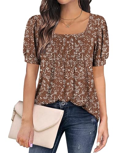 Zwurew Women's Summer Casual Puff Short Sleeve T-Shirts Square Neck Pleated Flowy Trendy Tunic Tops for Leggings S-2XL2