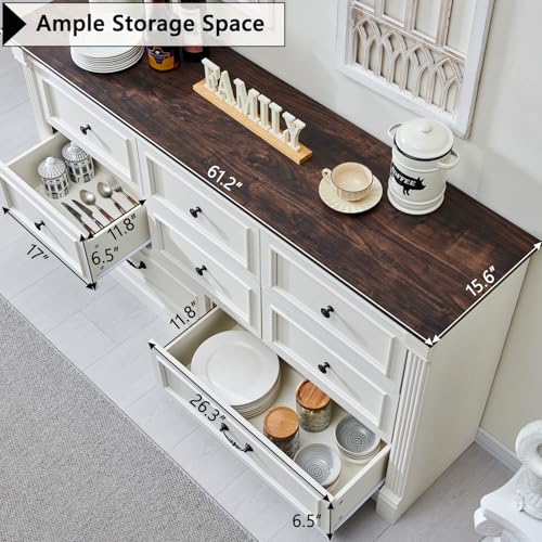 Farmhouse-61-W-Buffet-Cabinet-with-Storage-Wood-Rustic-Sideboard-Buffet-Cabinet-w8-Drawers-Coffee-Bar-Cabinet-wRoman-Column-Versatile-Storage-Cabinet-for-Living-Room-Dinning-Room-White Farmhouse 61 W Buffet Cabinet with Storage Wood Rustic Sideboard Buffet Cabinet w8 Drawers Coffee Bar Cabinet wRoman Column Versatile Storage Cabinet for Living Room Dinning Room White