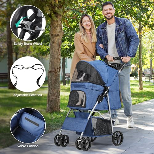 YITAHOME Haustierbuggy für mittelgroße Hunde, 4-Rad-Hundebuggy mit Aufbewahrungskorb, faltbarer Haustier-Reisewagen mit Getränkehalter und Aufbewahrungskorb (Blau)