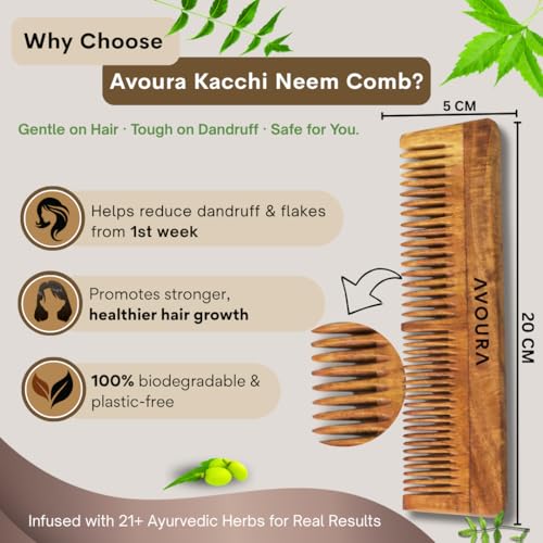 Image of Neem Wooden Hair Care Set (2-in-1), Soaked in 21+ Herbs Amla & Bhringraj Oils | Anti-Static Detangling, Reduces Dandruff, Frizz & Breakage (Wooden Hair Brush & Dual Tooth Comb)