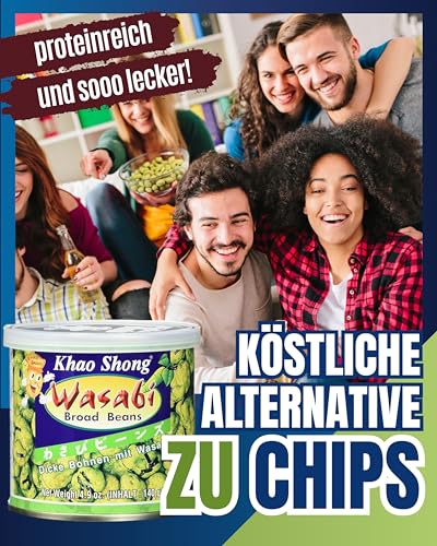 Khao Shong - Knusprige Dicke Bohnen mit Wasabi Geschmack - Scharfer Snack aus Asien - Snacks, Nüsse & Erdnüsse - Original aus Thailand - 1 x 140 g