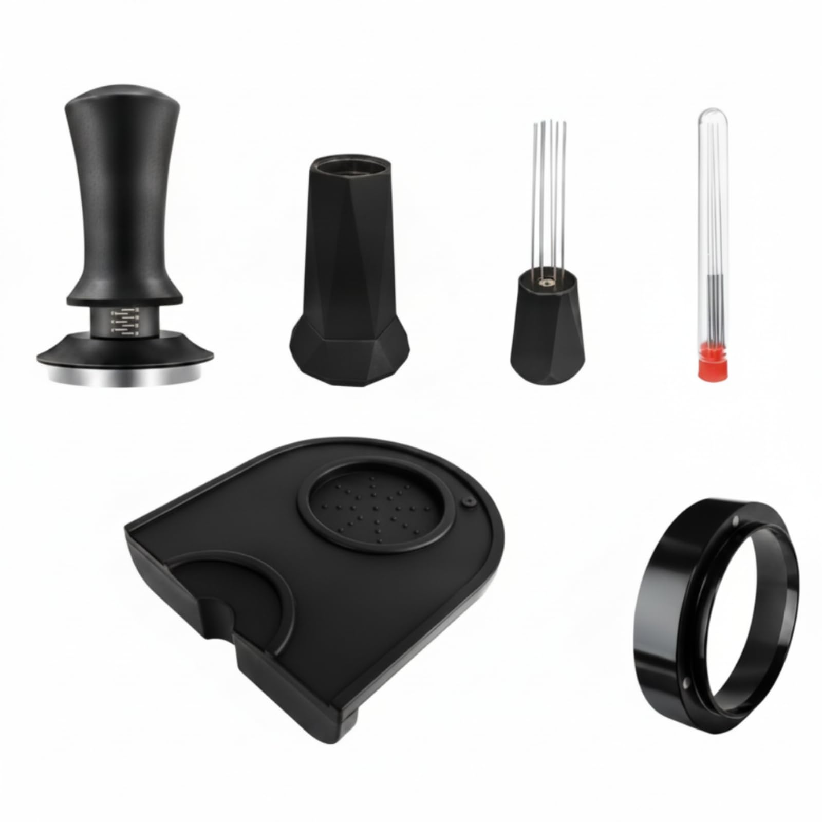 Coffee Tamper Set Pressa caffè Distribuzione Livellatore Kit Espresso Acciaio Inox Base Piana Silicone Supporto Strumento Guida Dosatura Portafiltro, con Schermo Filtrante