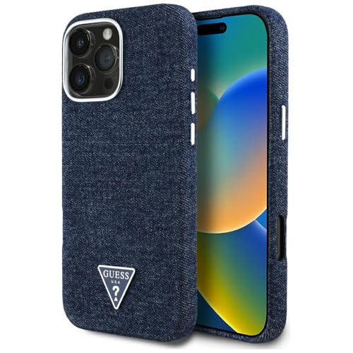 CG Mobile Guess Coque de Protection en Denim avec Logo Triangle Compatible avec MagSafe pour iPhone 16 Pro (Bleu)