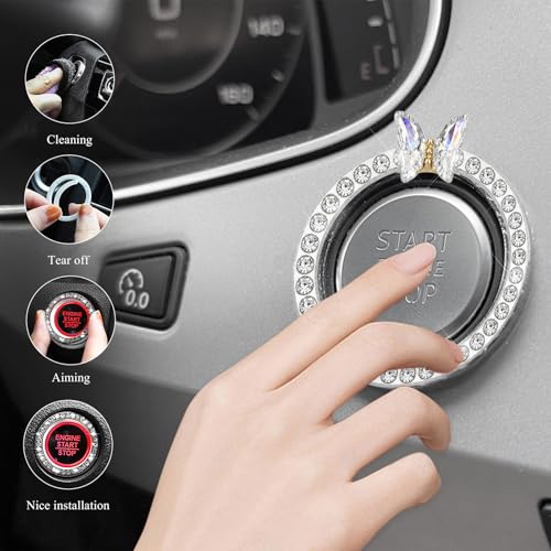 Image of DXNQ 2PCS Bling Ring Emblem, Sparkling Butterfly Car Buttons and Knobs Ring, Girly Butterfly Diamond Car Engine Start Button Cover, Key Ignition Knob Rings Decoration for Women (White, Single Row)