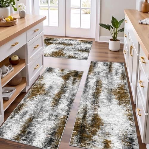 Tritard 100% Non Slip Kitchen Rugs Sets of 3 Washable Kitchen Mats for Floor Abstract Kitchen Runner Rug Soft Floor Mat Set Kitchen Carpet Rugs for Hallway, Laundry, Sink, Entryway, Office, Grey Brown