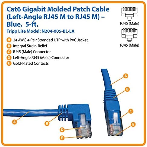 Tripp Lite Cat6 Gigabit Molded Patch Cable (RJ45 Left Angle M to RJ45 M) Blue, 5-ft.(N204-005-BL-LA)