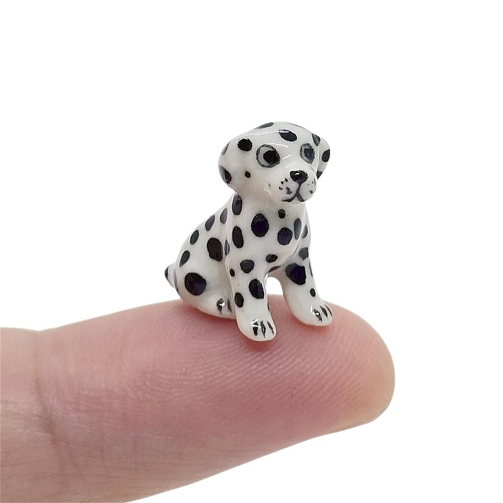 WitnyStore Tiny ½ Inch Long Sitting Dalmatian Puppy Figurine - Miniature Hand Made Painted Ceramic Spotted Black White Dog Pup Pet Animals Porcelain Decorative Collectible Figurines Décor Gift