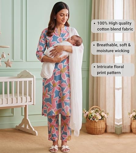 Image of DUMMY SHAPE Feeding Kurtis for Women Cotton Blend | Floral Kurta Pant Dupatta Set with Nursing Zippers to Pre & Post Partum | Maternity Dresses | Mom to Be Gifts for Pregnant Woman
