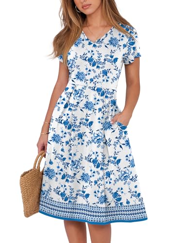 Image of ANRABESS Women Summer Dress Casual Short Sleeve V Neck A-Line Knee Length Pleated Flowy 2026 Fashion Midi Dresses with Pocket