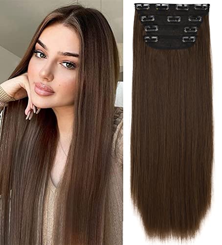 Clip in Extensions Braun Glatt 50cm 4 Teiliges Set 190g wie Echthaar Haarverlängerung Haarteile Clip in Extension Lang Locken Synthetisch Haarteile Zopf für Damen Straight 8/10 051C Cover