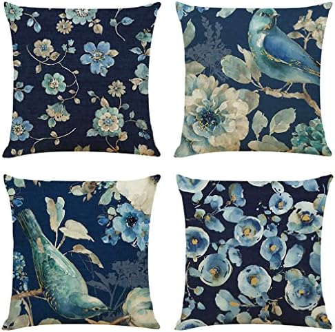 YouZe Blue Throw Pillow Covers 18x18in Set of 4, Outdoor Waterproof Throw Pillow Cover, Linen Square Throw Pillow Covers Floral Decorative Pillow Covers Suit Home for Sofa Bed Car