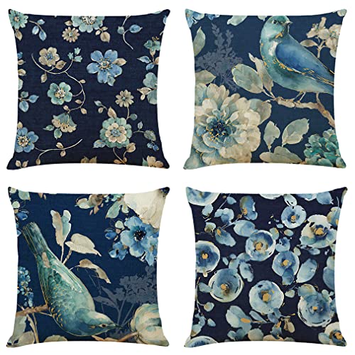Youze Blue Throw Pillow Covers 18X18In Set Of 4, Outdoor Waterproof Throw Pillow Cover, Linen Square Throw Pillow Covers Floral Decorative Pillow Covers Suit Home For Sofa Bed Car #TOP29