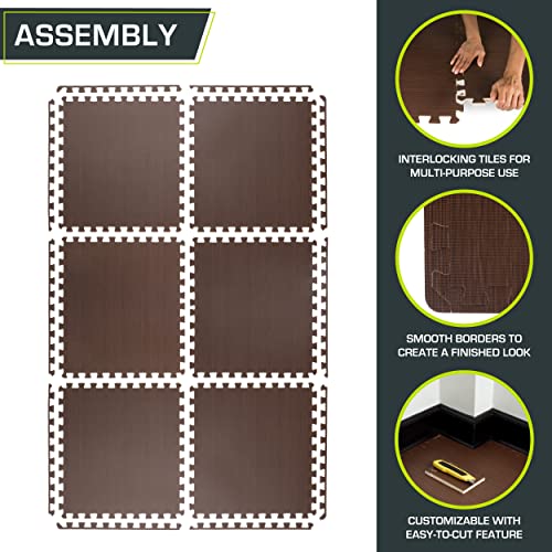 Image of ProsourceFit Wood Grain Puzzle Mat -inch, 6 EVA Foam Interlocking Floor Tiles (24 SQ FT) for Secure Indoor Gym Flooring, Office Spaces, Living Rooms, and Play Areas, Dark Walnut