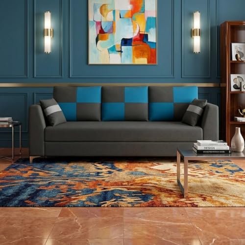 Image of FURNY Signature Cresta 3 Seater Sofa Set | Boston Fabric | 40D Foam + Zigzag Spring | 3-Yr Warranty (Ash Grey-Aqua Blue)| Modern Living Luxury Sofa Set for Home, Office & Hotel Spaces