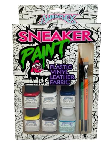 Alpha 6 - Alpha 6 Flexible Sneaker Paint Pack - 5 Primary Colors + Additive, 3 Synthetic Brushes Included - Customize Your Sneakers (1oz Each)